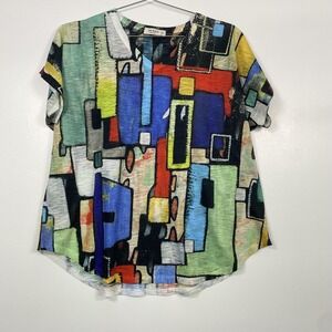 Jess & Jane Shirt Womens XL Multicolor Geometric Short Sleeve Tunic Top Art